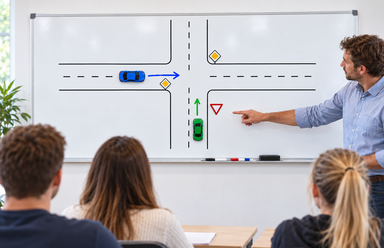 Großes wandmontiertes Whiteboard im Fahrschulunterricht mit Kreuzungsskizze, Fahrzeugmagneten und Verkehrszeichen